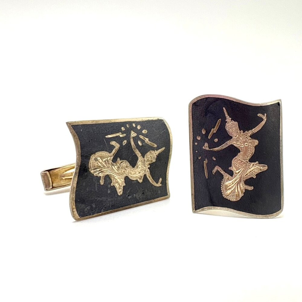 Antique Siam Dancing Girls Cufflinks Sterling Silver 925 Size 0.75" Length